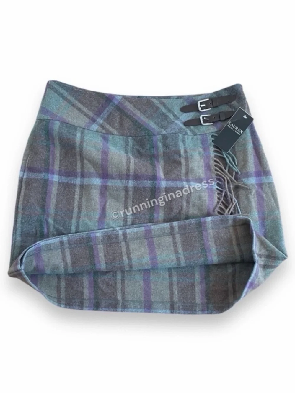 NWT Lauren Ralph Lauren Wool Plaid Kilt Skirt Fringe Tweed Wrap Green Purple 14